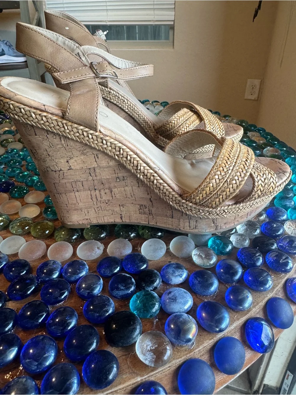 me too Braided Tan Cork Wedge Sandals
